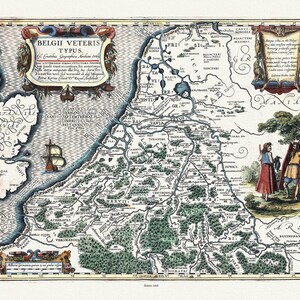 Niederländer: Belgii veteris typus,1618, Bertius, Antonius Augustus et Ortelius auths., Landkarte, 50 x 70 cm oder 20x25" ca.