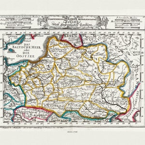 Pologne: Bodenhr, Compendiosa Poloniae Repraesentatio Polen, 1716, carte sur toile de coton lourd, 22x27 » environ.