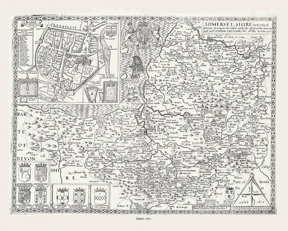 England. Somerset-Shire, 1610, Speed auth., map on durable cotton canvas, 50 x 70 cm or 20x25" approx.