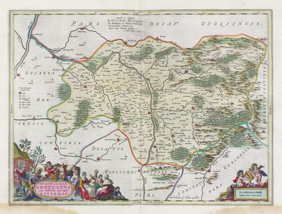 Poland: Poloniae, Dvcatvs Silesiae Grotganvs, 1665, Bleau auth., map on heavy cotton canvas, 50 x 70 cm