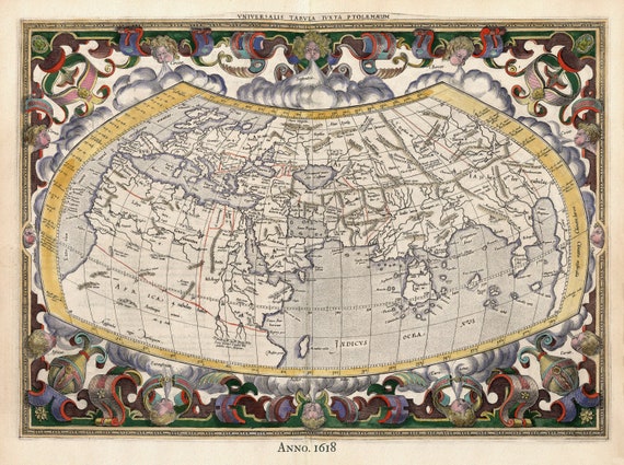 Bertius, World, 1618, map on heavy cotton canvas, 50 x 70 cm or 20x25" approx.