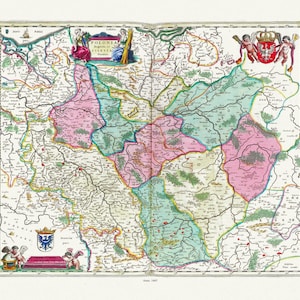 Polonia: Blaeu, Polonia Regnum, et Silesia Ducatus, Polonia y Silesia, 1665, mapa sobre lienzo de algodón pesado, 22x27" aprox.