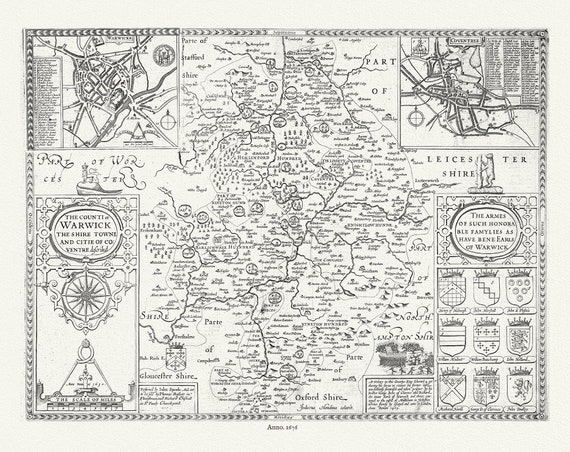 England. Warwickshire.1676, Speed auth., map on durable cotton canvas, 50 x 70 cm or 20x25" approx.