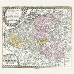 Pays-Bas: Belgique Catholicum feu Decem Provinciae Germaniae Inferioris, 1747, Homann auth., carte, toile, 50 x 70 cm ou 20x25 » env.