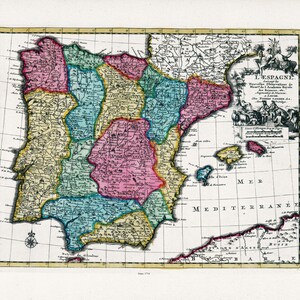 España, van der Aa, L'Espagne, 1714, mapa sobre lona gruesa de algodón, 22x27" aprox.