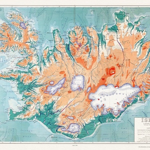 Islandia: Eggertsson et Forlag, Physical Map of Iceland, 1928, mapa sobre lienzo de algodón pesado, 22x27" aprox.