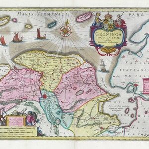 Pays-Bas, Groninga Dominivm,1665, Blaeu auth. , carte sur toile de coton lourde, 50 x 70 cm