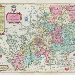 Pologne: Poloniae, Silesia Inferior, 1665, Bleau auth., carte sur toile de coton lourde, 50 x 70 cm
