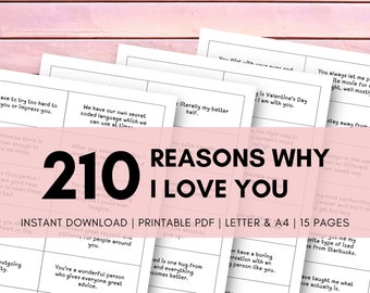 210 Reasons Why I Love You Printable | DIY Jar | Printable Love Notes | Boyfriend Valentine Gift | Love jar | Jar of Love