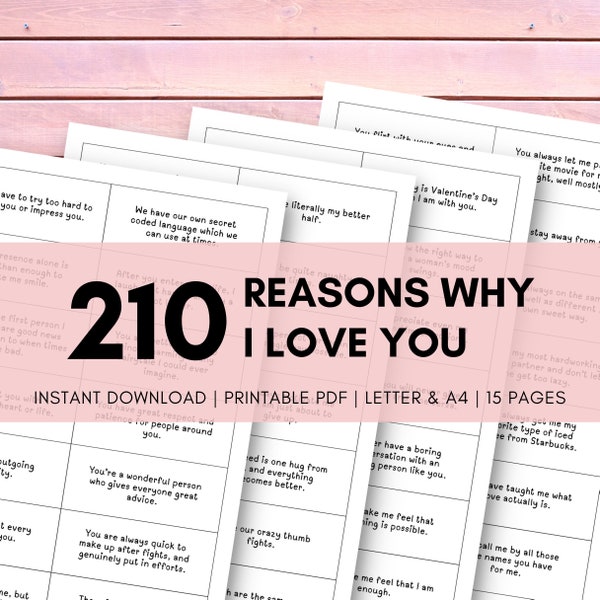 210 Reasons Why I Love You Printable | DIY Jar | Printable Love Notes | Boyfriend Valentine Gift | Love jar | Jar of Love