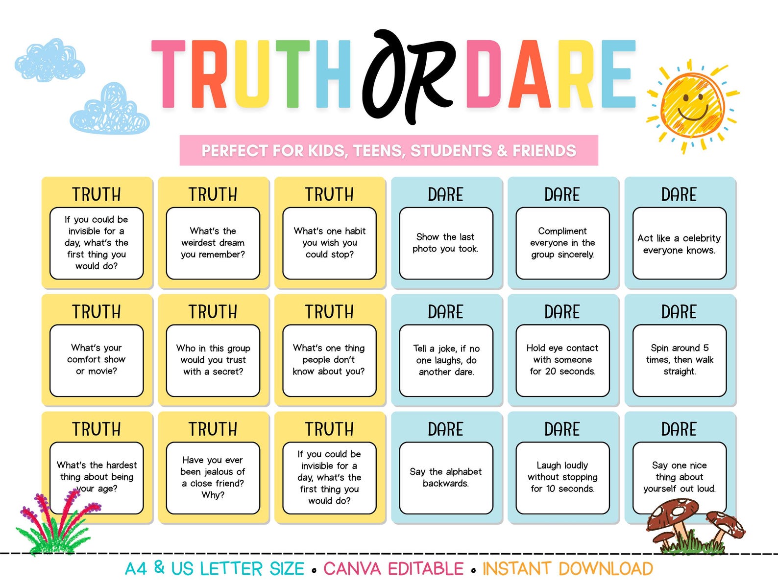 Fun Truth & Dare Cards – Editable Printable Game for Kids, Teens and