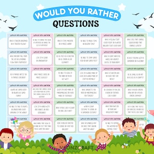 Peut inclure: Un plateau de jeu coloré avec le texte "Would You Rather Questions" imprimé en bleu et blanc. Le plateau est divisé en 25 cases, chacune avec une question différente "Would You Rather" imprimée en blanc sur un fond coloré. Les questions sont légères et amusantes, et le plateau est parfait pour jouer à un jeu avec des amis ou en famille.