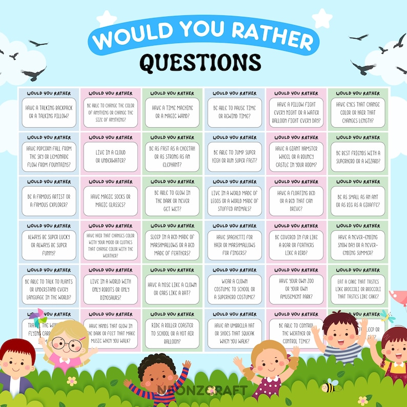 Op de afbeelding: Een kleurrijk spelbord met de tekst "Would You Rather Questions" gedrukt in blauw en wit. Het bord is verdeeld in 25 vakjes, elk met een andere "Would You Rather" vraag gedrukt in witte tekst op een gekleurde achtergrond. De vragen zijn luchtig en leuk, en het bord is perfect om een spel te spelen met vrienden of familie.