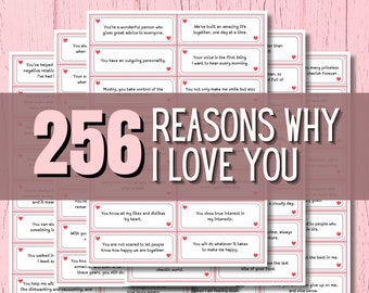 Op de afbeelding: Een printbaar PDF met 256 redenen waarom je van iemand houdt. Het document is roze en wit met een hartvormig ontwerp. De tekst "256 Reasons Why I Love You" staat in grote, vetgedrukte, roze letters.