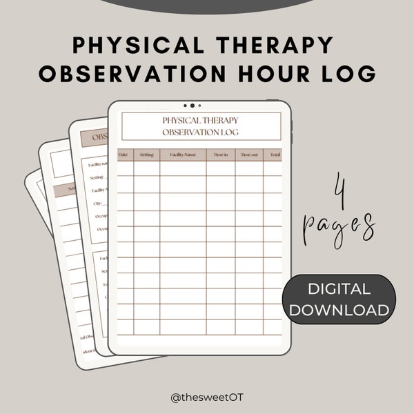 Physical Therapy Observation Hour Log, PT Observation Hour Log, PT hour log, PTA observation hour form