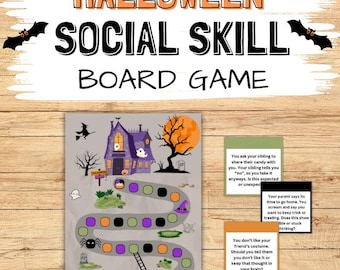 May include: A Halloween-themed board game with a spooky house, a witch, a ghost, and a spider. The game includes cards with social skills scenarios, such as sharing candy with a sibling or dealing with a friend's costume.
