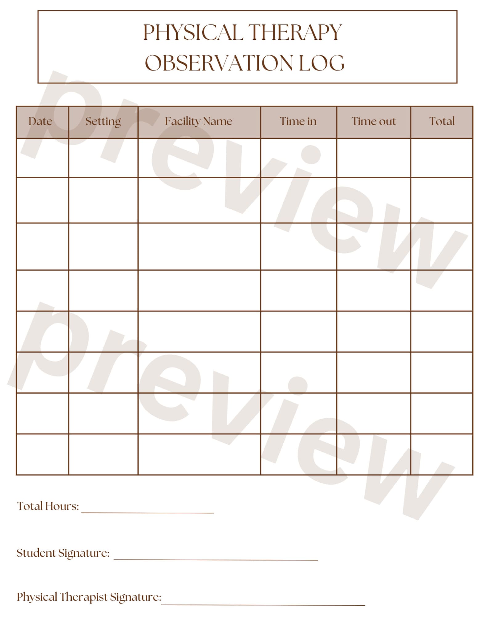 Physical Therapy Observation Hour Log, PT Observation Hour Log, PT Hour Log, PTA Observation ...