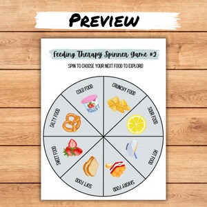 May include: A printable feeding therapy spinner game with a wheel divided into eight sections. Each section has a food category and a picture of a food that fits into that category. The categories are: cold food, crunchy food, salty food, sweet food, sour food, hot food, soft food, and savory food.
