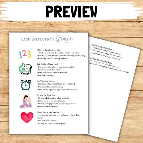 Task Initiation Worksheet Task Initiation Strategies and Worksheet for Teens and Adults, Adult ...
