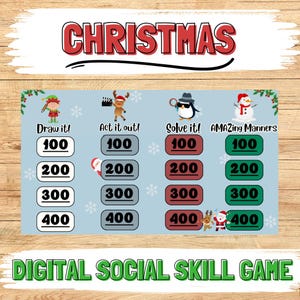 May include: A Christmas-themed digital social skills game with four categories: Draw it!, Act it out!, Solve it!, and Amazing Manners. Each category has four levels with point values of 100, 200, 300, and 400.