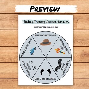 May include: A printable feeding therapy spinner game with a blue background and a white circle in the center. The circle is divided into six sections, each with a different food challenge. The challenges are: Pretend your food is a hat, Pretend your food is a car, Pretend your food is eyebrows, Pretend your food is a rocket, Pretend your food is horns, and Pretend your food is a mustache.