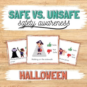 Actividad de clasificación de tarjetas de seguridad e inseguridad en Halloween, tarjetas de concienciación sobre la seguridad en Halloween, actividad de terapia ocupacional en Halloween