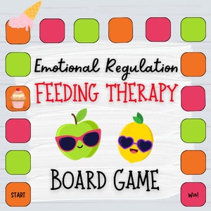 May include: A colorful board game for emotional regulation and feeding therapy. The game board features a green apple and a yellow lemon wearing sunglasses, along with the text "Emotional Regulation Feeding Therapy Board Game".