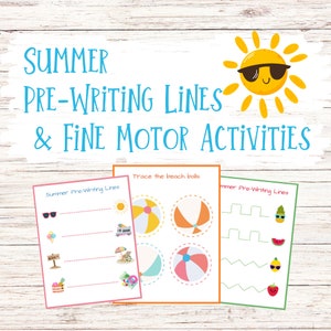 May include: Three printable worksheets for kids featuring summer-themed pre-writing lines and fine motor activities. The worksheets include tracing lines, tracing beach balls, and connecting the dots.