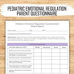 Może przedstawiać: Wydrukowany kwestionariusz zatytułowany „Kwestionariusz dla rodziców dotyczący regulacji emocjonalnej u dzieci”. Formularz zawiera sekcje na imię, wiek i datę dziecka, z pytaniami dotyczącymi świadomości emocjonalnej.