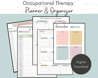 May include: Printable occupational therapy planner and organizer with sections for weekly schedule, progress note tracker, and reminders. The planner has a pink, green, and yellow color scheme.