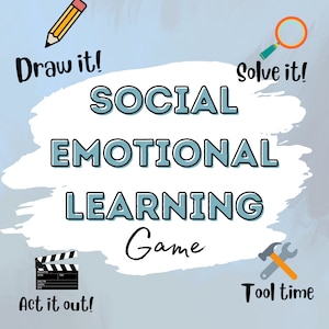 May include: A white background with a blue brushstroke design. The text "SOCIAL EMOTIONAL LEARNING Game" is in blue letters with black outlines.  There are four icons around the text: a pencil, a magnifying glass, a clapperboard, and a wrench and hammer.