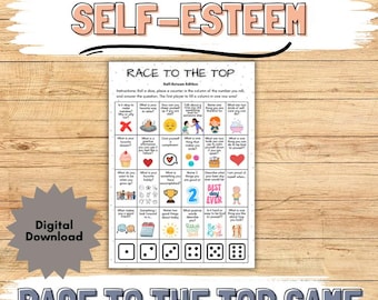 May include: A self-esteem game titled "Race to the Top" with the text "Self-Esteem" at the top. The game board features questions and illustrations, with dice at the bottom. A digital download is available.
