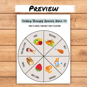 May include: A colorful spinner game for kids with the text "Feeding Therapy Spinner Game #3" and "Spin to choose your next food to explore!"  The spinner has eight sections with different food categories: Fruit, Vegetable, Meat, Dairy, Crackers, Sweet Food, Grains, and Kids Pick a Food.