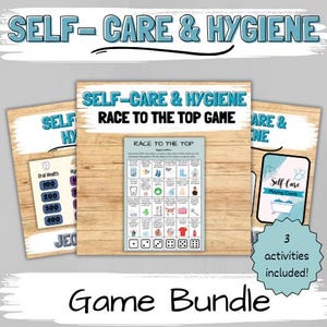 May include: A game bundle with the text "SELF-CARE & HYGIENE" and "RACE TO THE TOP GAME". The bundle includes a game board, playing cards, and other activities. The words "3 activities included!" are also visible.