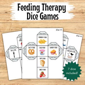 Op de afbeelding: Dobbelspellen voor voedseltherapie op wit papier, met illustraties van voedingsmiddelen zoals pretzels, yoghurt en aardbeien. De dobbelstenen zijn gelabeld met instructies en voedselcategorieën. De tekst "Feeding Therapy Dice Games" staat bovenaan.
