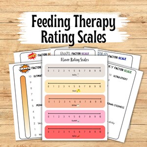 May include: A set of printable feeding therapy rating scales for different food textures and flavors. The scales are labeled with words like "Crunch Factor", "Soft Factor", "Hot Factor", "Sticky Factor", and "Old Factor". Each scale has a number line from 0 to 10 with descriptive words at each end.