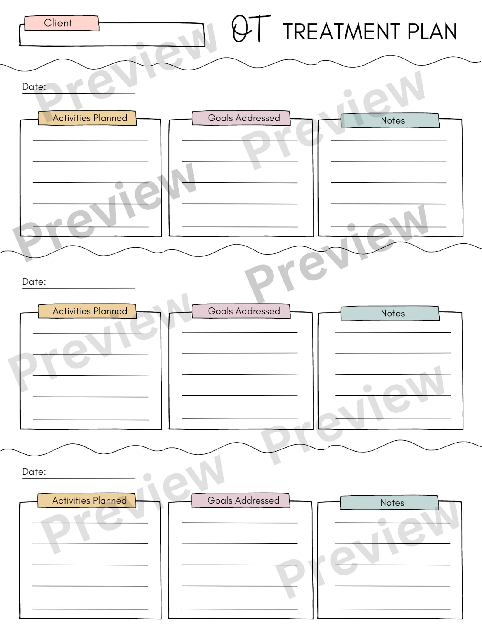 Occupational Therapy Treatment Plan Templates; Pediatric OT Treatment ...
