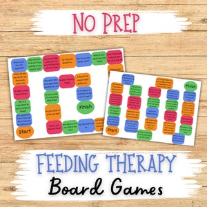 May include: Two colorful game boards with the title "No Prep Feeding Therapy Board Games". The boards are divided into squares with questions about food and eating. The boards are on a wooden surface.
