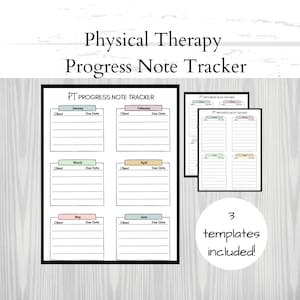 May include: A printable physical therapy progress note tracker with three templates. The tracker is divided into six sections, each with a month of the year: January, February, March, April, May, and June. Each section has space for a client name and due date.