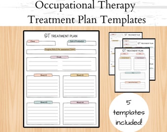 May include: Five printable occupational therapy treatment plan templates. Each template includes sections for client information, goals, progress notes, and weekly treatment plans.