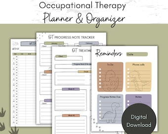 May include: A printable digital download of an occupational therapy planner and organizer with a dinosaur theme. The planner includes sections for progress notes, reminders, to-do lists, and notes. The pages are decorated with cute dinosaur illustrations.