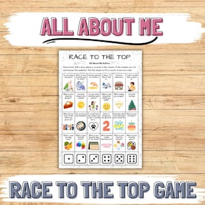 Puede incluir: Un colorido tablero de juego titulado "All About Me" con el texto "Race to the Top Game". El tablero incluye instrucciones, preguntas y dados. El juego está diseñado para que los jugadores respondan preguntas y completen una fila para ganar.