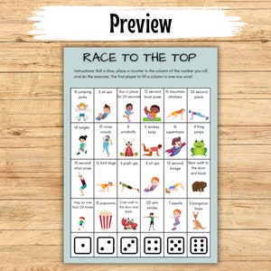May include: A printable game board with colorful illustrations of different exercises. The game is called "Race to the Top" and includes instructions to roll a dice and complete the exercise in the corresponding column. The board has 6 columns and 6 rows.