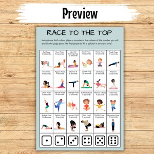 May include: A colorful game board with illustrations of yoga poses and the text "Race to the Top". The board is divided into a grid with six columns and six rows. Each square contains a yoga pose with a name and a time in seconds. There are five dice at the bottom of the board.