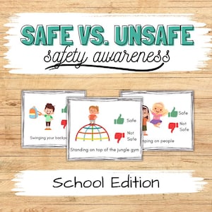 Actividad de clasificación de lo seguro y lo inseguro en la escuela, actividad de concienciación sobre la seguridad, actividad imprimible de terapia ocupacional pediátrica, tarjetas de comportamiento escolar