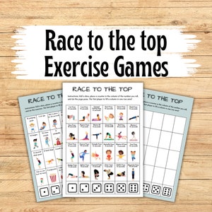 Op de afbeelding: Drie printbare spelborden met instructies voor een "Race to the Top" oefenspel. De spelborden bevatten illustraties van yogaposes en dobbelstenen.