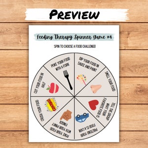 May include: A colorful spinner wheel with eight different food challenges for feeding therapy. The challenges include "Poke your food with a fork", "Dip your food in sauce and paint", "Smell your food", "Tell the group what your favorite food is", "Pretend your food is a car", "Poke your food with your pinky finger", "Crush your food", and "Cut your food in half".