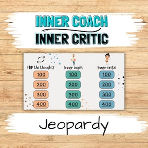 May include: A blue and white Jeopardy game board with the words "Inner Coach" and "Inner Critic" at the top. The board has four rows with the numbers 100, 200, 300, and 400. The columns are labelled "Flip the thought!" "Inner Coach" and "Inner Critic".