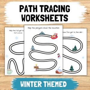 Op de afbeelding: Drie zwart-witte printbare werkbladen met winterthema's. Het eerste werkblad toont een pad dat een kind kan traceren om bij een kop warme chocolademelk te komen. Het tweede werkblad toont een pad dat pinguïns kunnen traceren om een berg af te dalen. Het derde werkblad toont een pad dat een vos kan traceren om bij zijn hol te komen. De tekst "Help the kid get to hot cocoa", "Help the penguins down the mountain" en "Now fox get to the den" is op elk werkblad opgenomen.