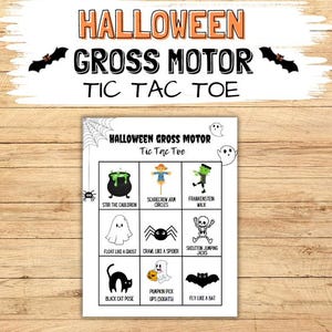 Könnte beinhalten: Ein druckbares Tic-Tac-Toe-Spiel zum Thema Halloween mit neun Feldern. Jedes Feld zeigt eine andere Halloween-Aktivität, wie "Rühre den Kessel", "Schwebe wie ein Geist" und "Fliege wie eine Fledermaus".
